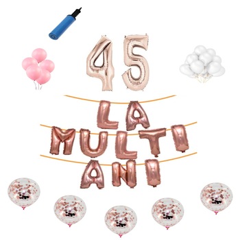 Set baloane La Multi Ani , pentru 45 ani , cifra 1 metru, Roz gold